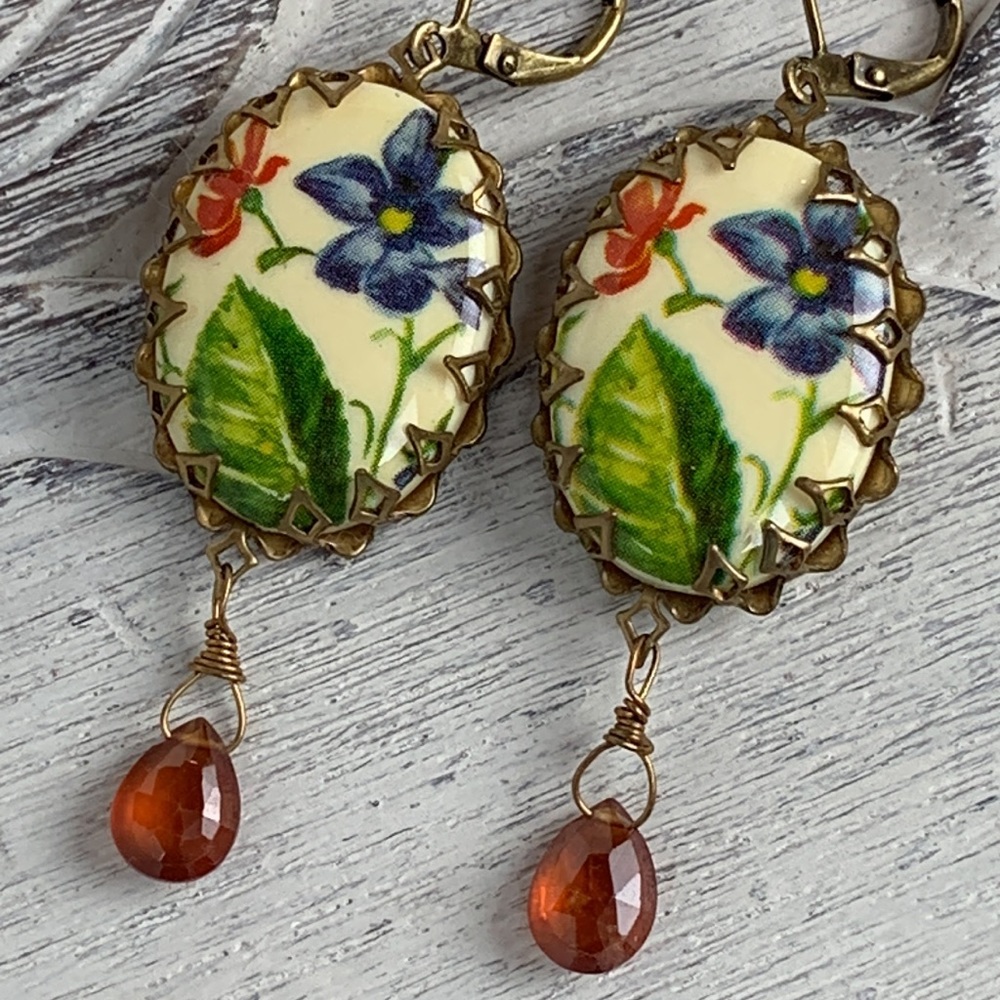 Vintage Flower Floral Botanical Hessonite Garnet Gemstone Dangle Drop Earrings